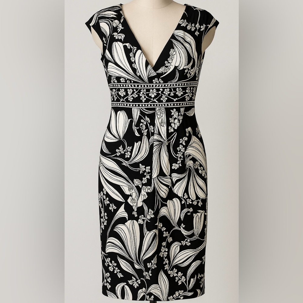 Maggy London Women’s Size 6 Black White Floral Print Sheath Dress Cap